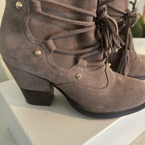 Matiko Taupe Suede Tassel Lace-Up Ankle Boots